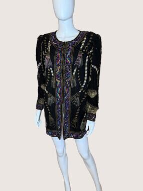Vintage Black Beaded Evening Jacket Open Front Multicolor Sequin Embroidery
